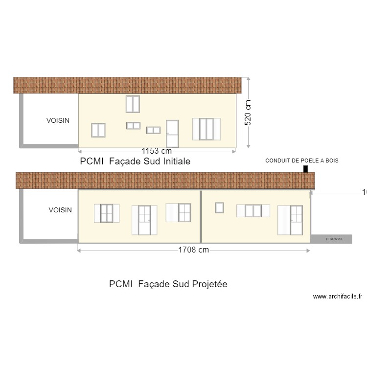 PCMI 5 Façace sud Projet 3. Plan de 1 pièce et 68 m2