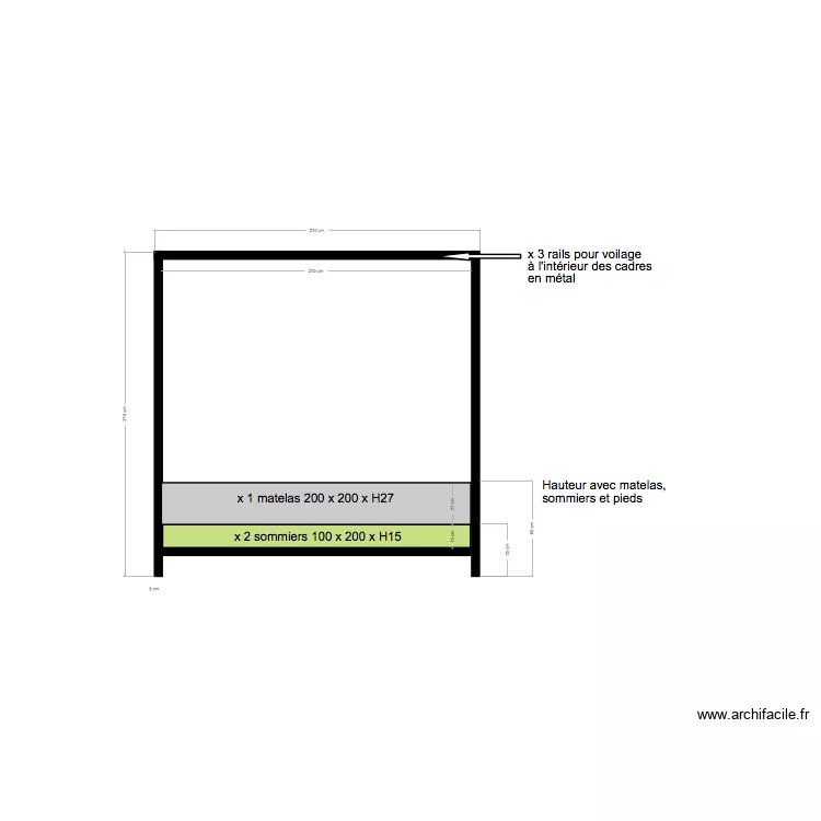 Lit &agrave; baldaquin face. Plan de 