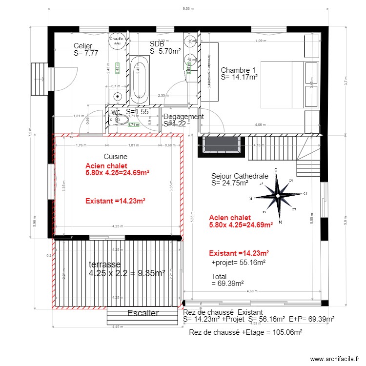  Existant et projet. Plan de 6 pièces et 72 m2