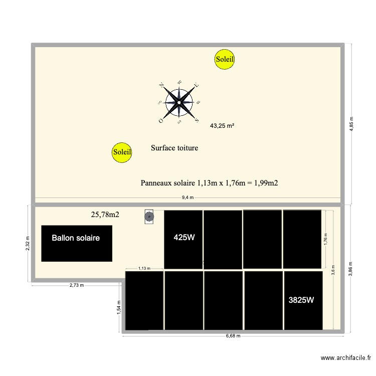 Plan surface toiture . Plan de 2 pièces et 73 m2