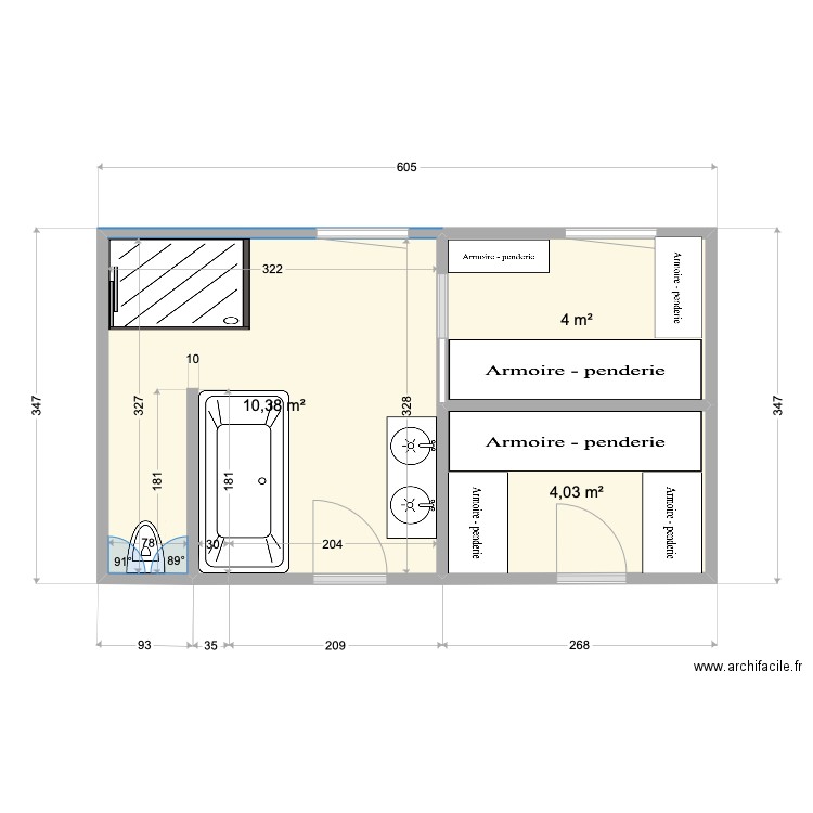 SDB Gairaut version 2. Plan de 3 pièces et 18 m2