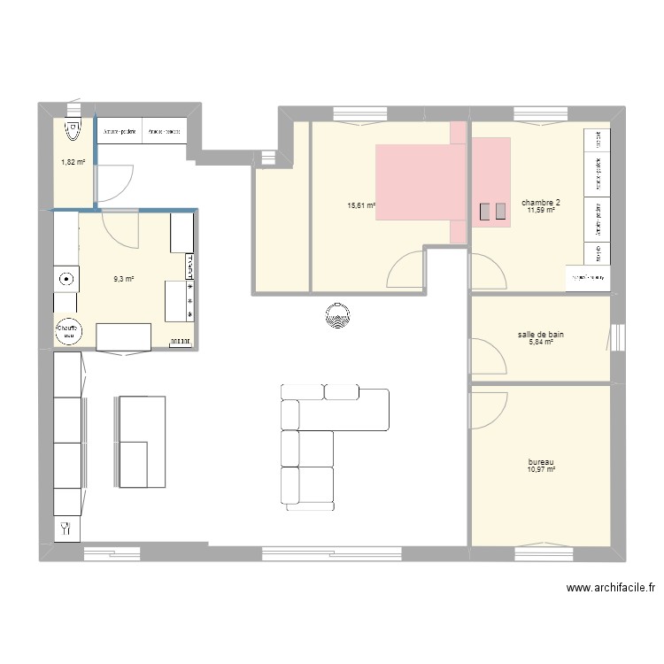 projet aménagement chambre 1. Plan de 6 pièces et 55 m2