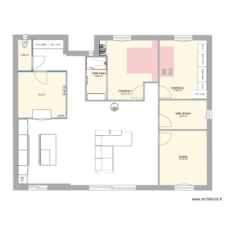 projet aménagement chambre 1. Plan de 6 pièces et 55 m2