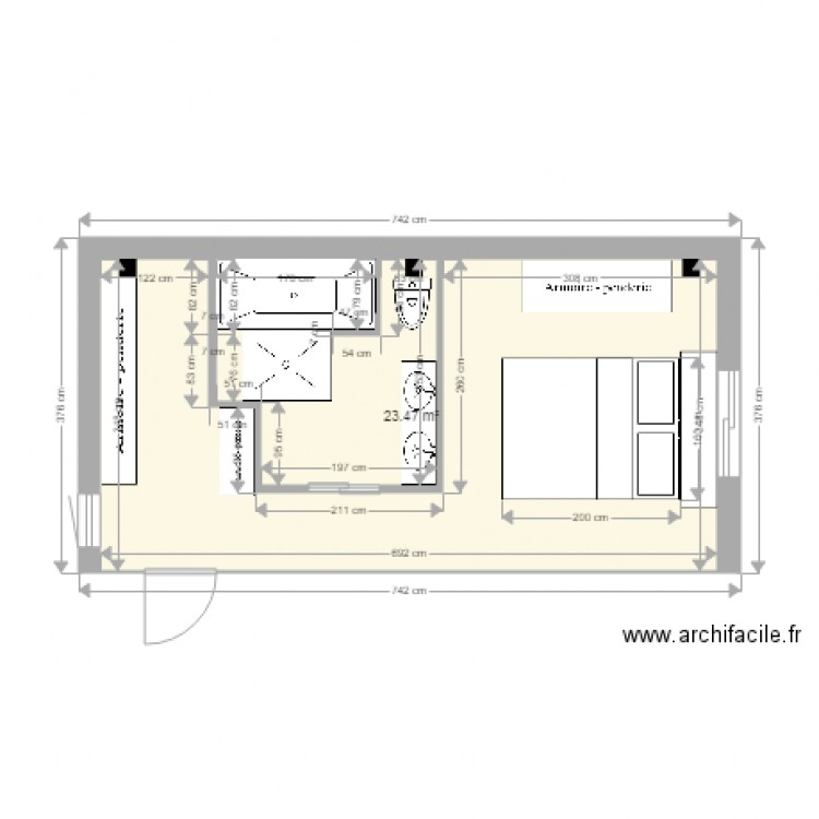 Chambre parentale vide avec cotations . Plan de 0 pièce et 0 m2