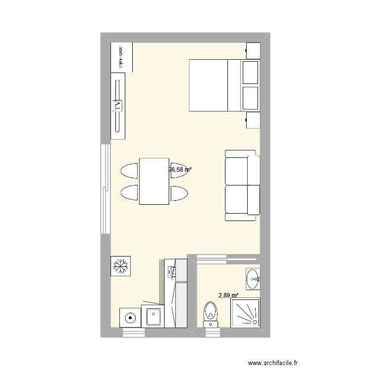 stuidio V2. Plan de 2 pièces et 29 m2