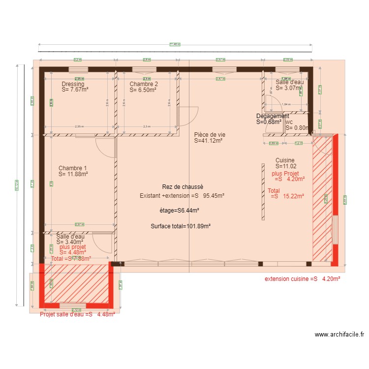 existant et projet  ch20 . Plan de 4 pièces et 18 m2