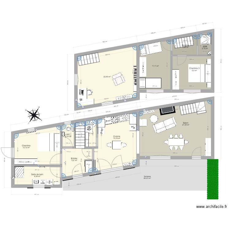 Patis Maison 3 chambres V6 bureau a l etage. Plan de 12 pièces et 123 m2
