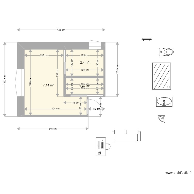 SDB. Plan de 3 pièces et 11 m2