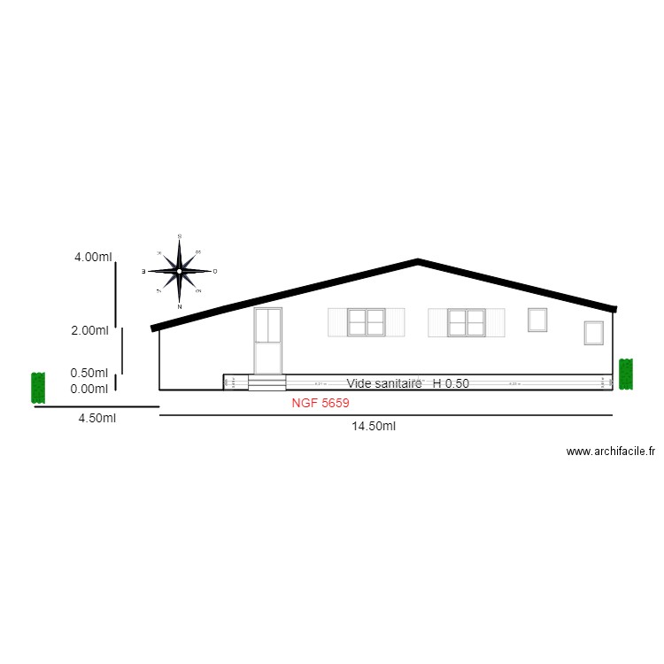 Facade NORD. Plan de 1 pièce et 6 m2