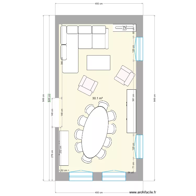 salon meubl&eacute; grande table. Plan de 