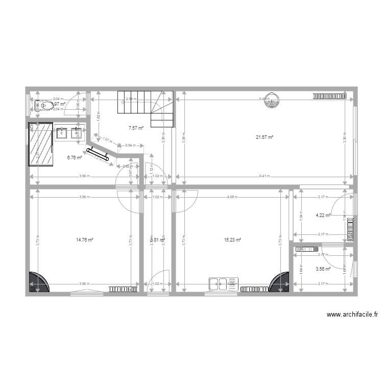 Bas caroline réaménagé version mesurée. Plan de 0 pièce et 0 m2