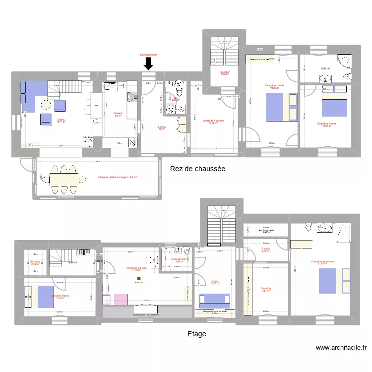 Les Etilleux RDC. Plan de 22  et 208 m²