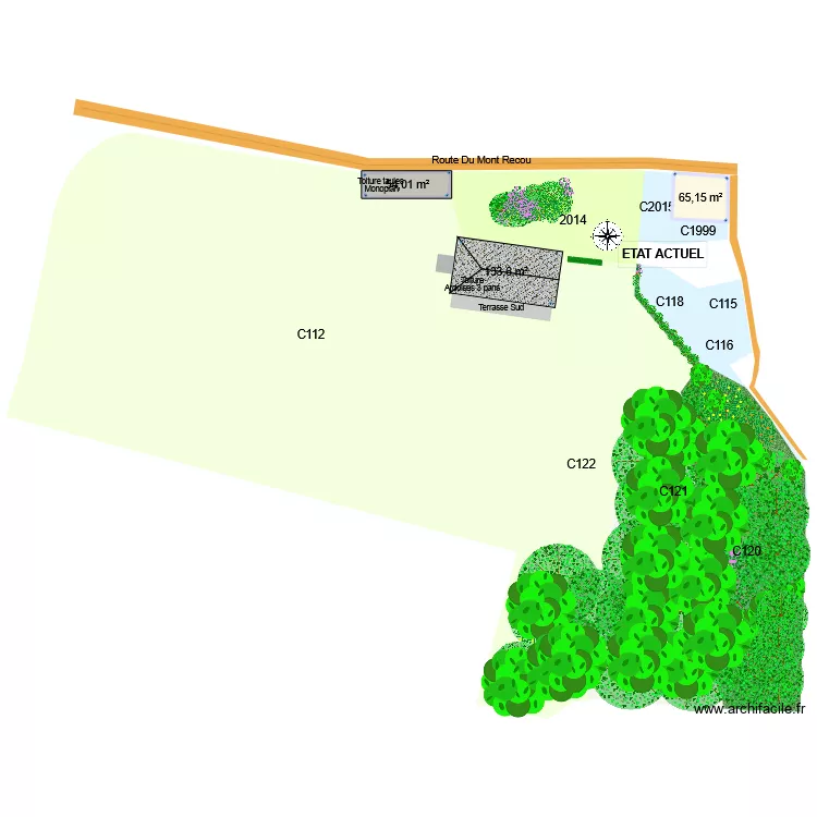 Etat actuel terrain nu. Plan de 3  et 253 m²