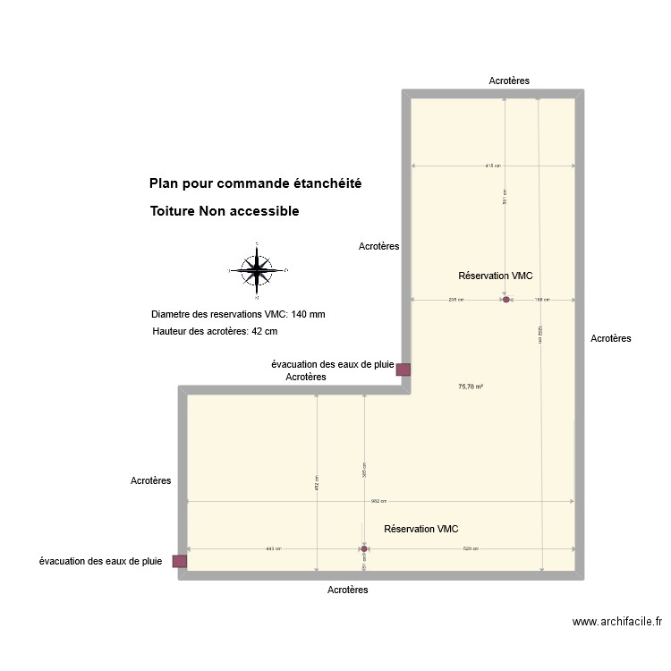 Plan commande étanchéité toiture étage. Plan de 1 pièce et 76 m2