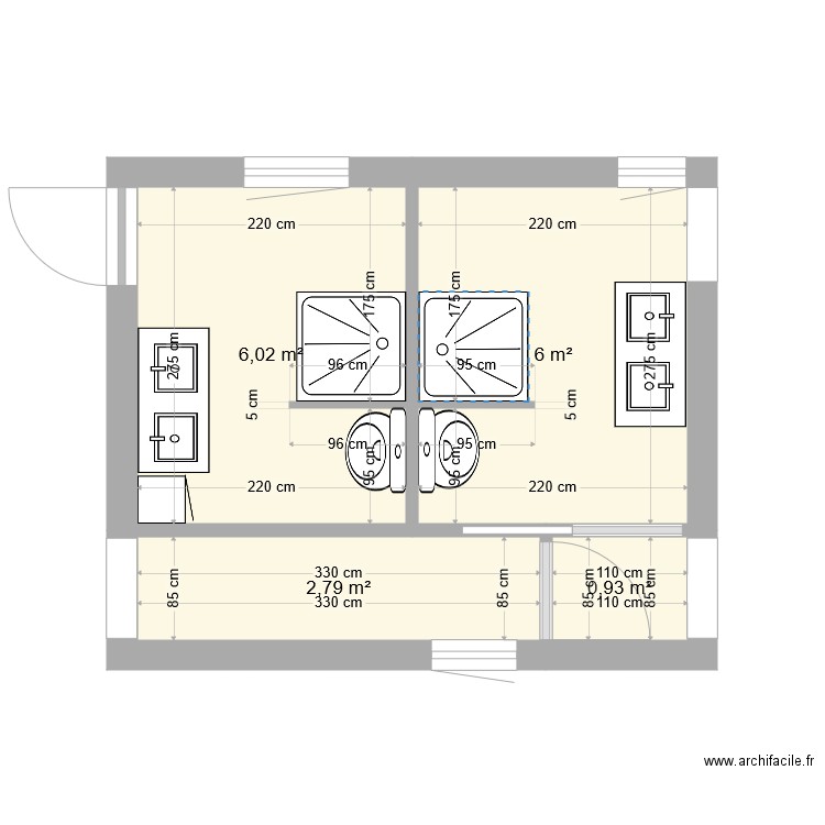 SDB chambres hôtes . Plan de 4 pièces et 16 m2