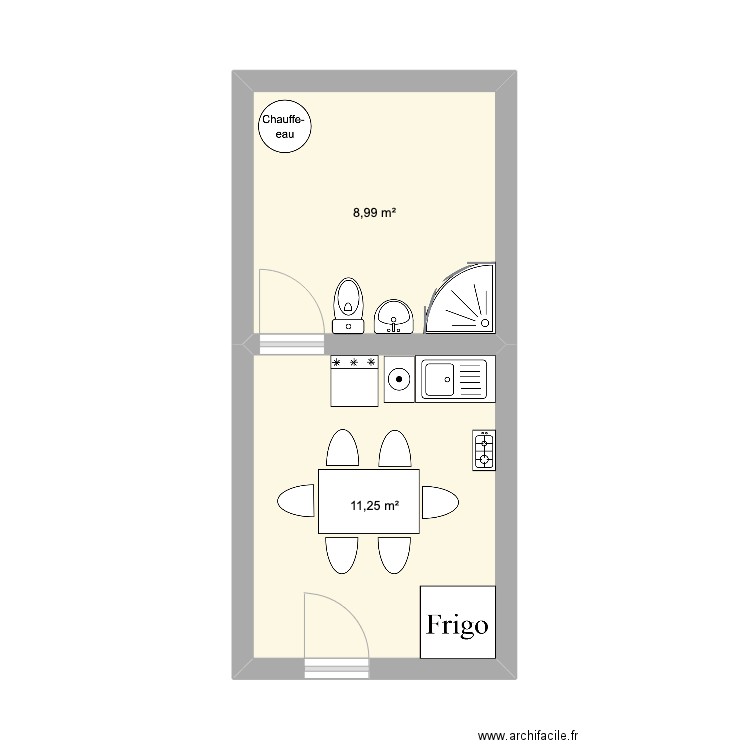 Douche-cuisine Abel. Plan de 2 pièces et 20 m2