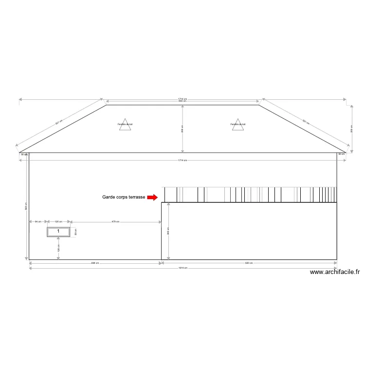Pouanc&eacute; - Fa&ccedil;ade Sud - Projet. Plan de 