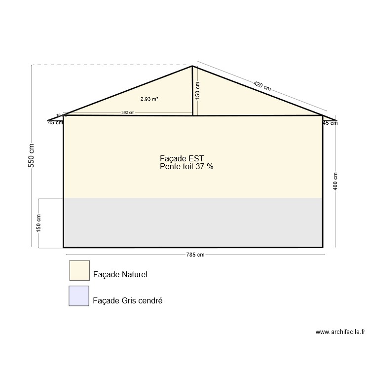 facade cote est. Plan de 3 pièces et 6 m2