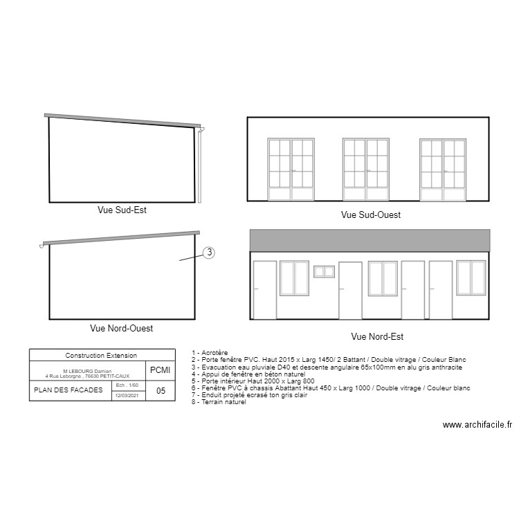 Plan des facade. Plan de 4 pièces et 70 m2