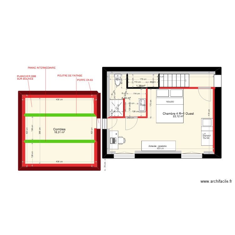 plans 5 NOV 22 chambre 4 R+1 Ouest + aménagement SDE+ Combles . Plan de 4 pièces et 54 m2