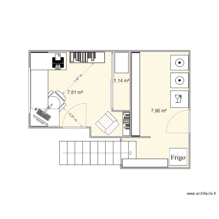 Bureau3. Plan de 3 pièces et 17 m2