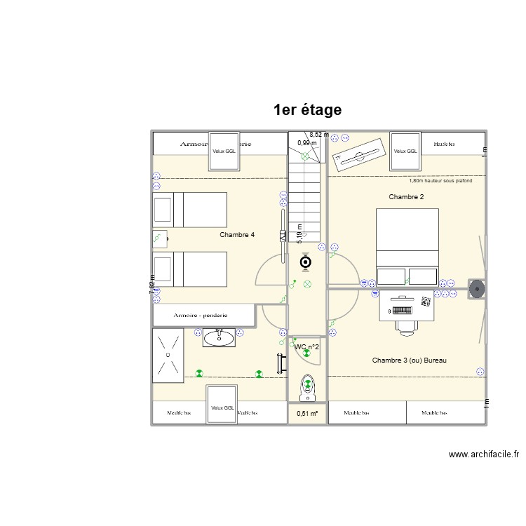 Maison Moëlan sur Mer 1er étage. Plan de 6 pièces et 62 m2