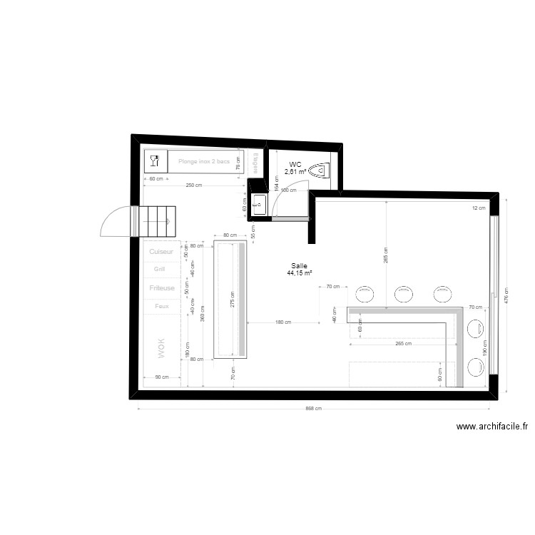 Restaurant. Plan de 2 pièces et 47 m2