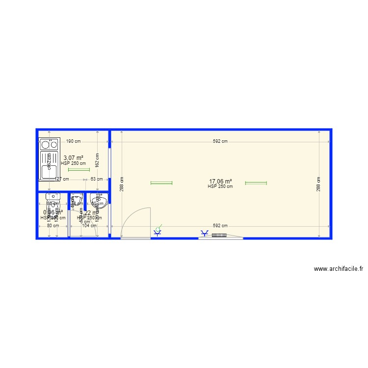 Plan 800x300 avec Kitchenette et WC. Plan de 4 pièces et 22 m2