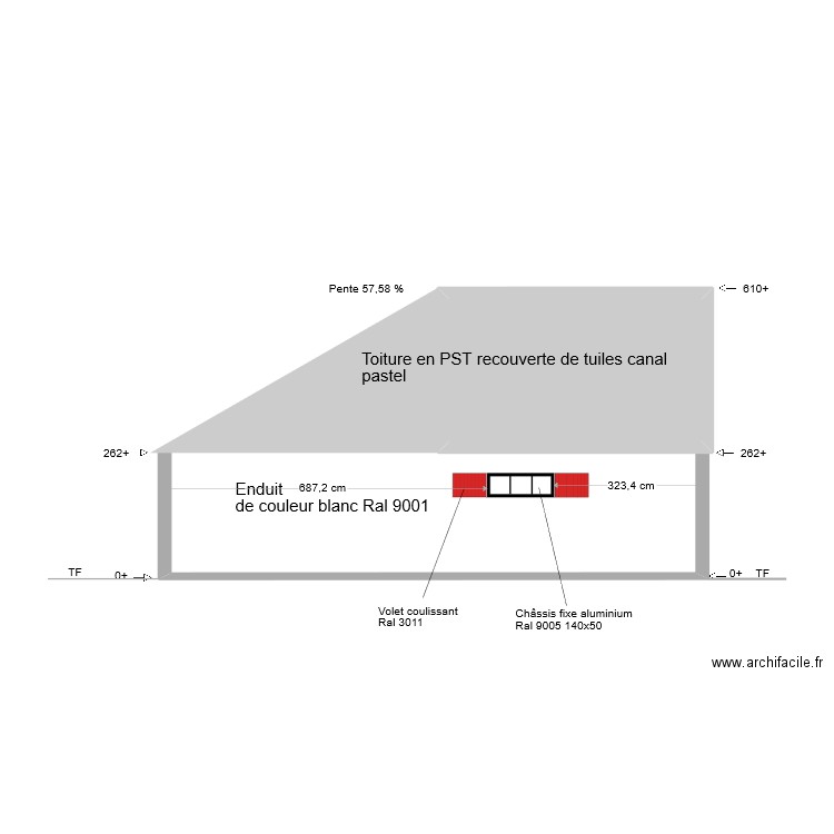 Plan de facade Est 2-1. Plan de 1 pièce et 16 m2