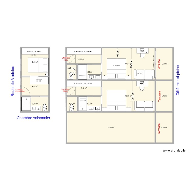 chambre hotel. Plan de 14 pièces et 97 m2