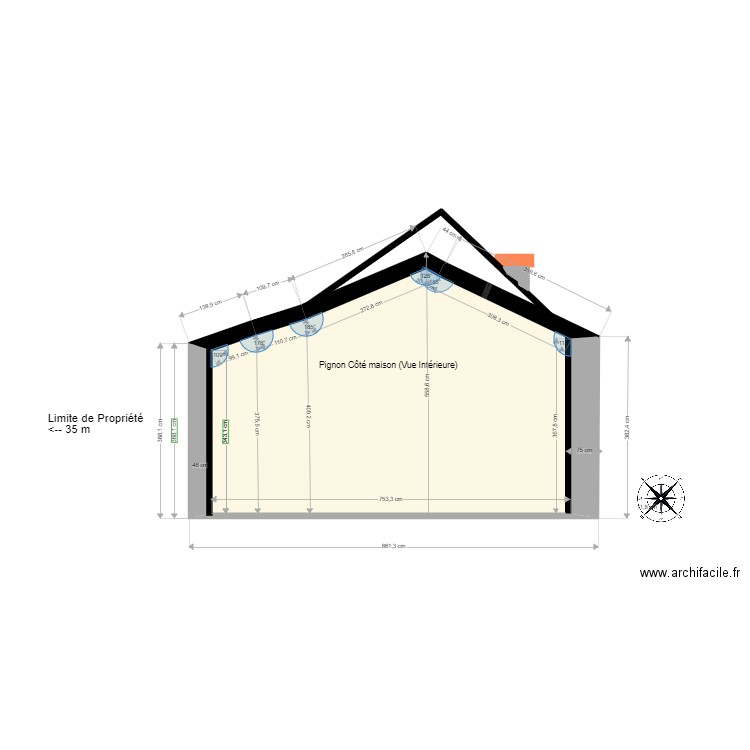 Pignon SUD . Plan de 1 pièce et 33 m2