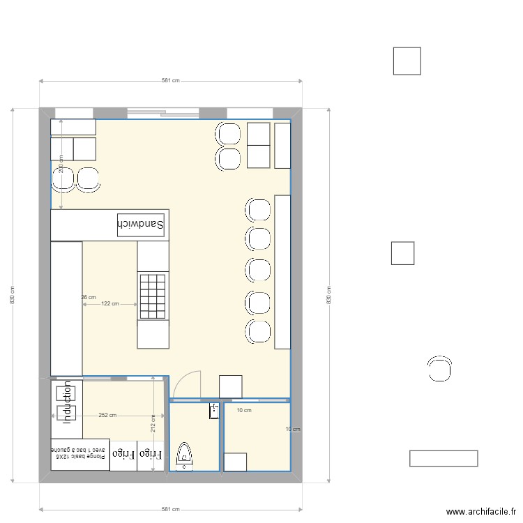 Plan salon Bubble tea verrière & vestiaire plus grande. Plan de 2 pièces et 41 m2