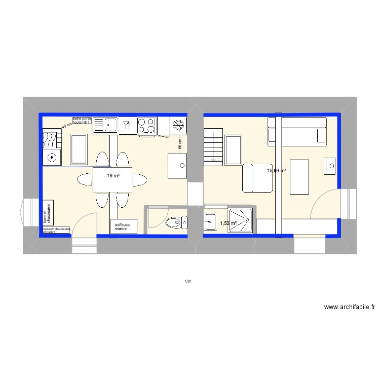 PM N1cuisine avec Échelle P Ouest. Plan de 3 pièces et 36 m2