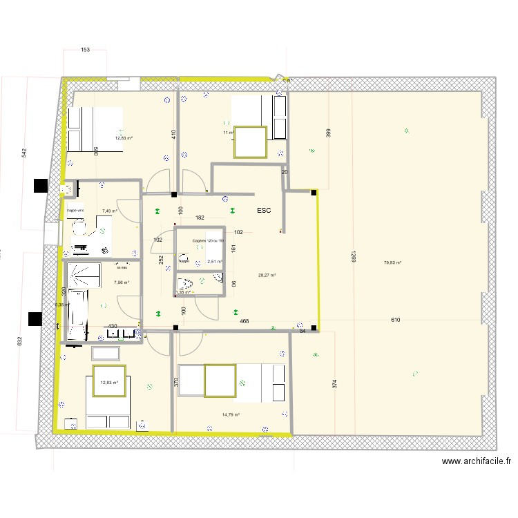 Etage-V5. Plan de 12 pièces et 183 m2