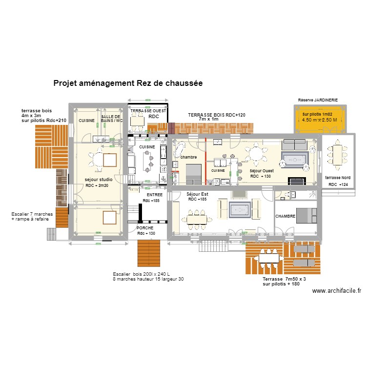 projet aménagementRDC avec velux  terrasses et niveaux. Plan de 4 pièces et 120 m2