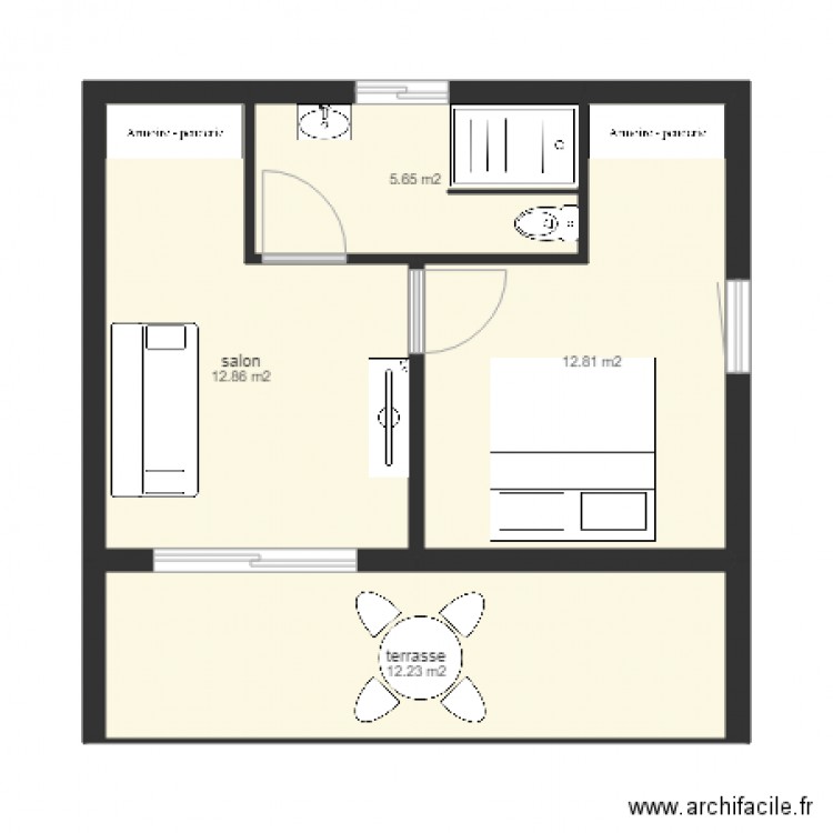 bungalow warang. Plan de 4 pièces et 44 m2