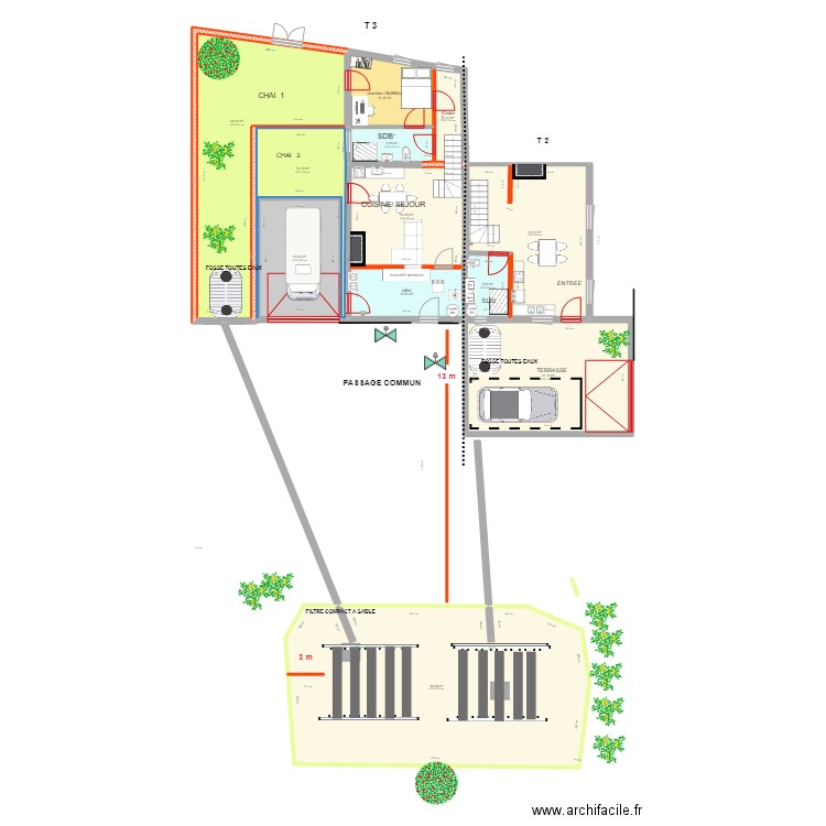 PLAN ASSAINISEMENT  T3 /T2  PUJOLS / CIRON. Plan de 12 pièces et 311 m2