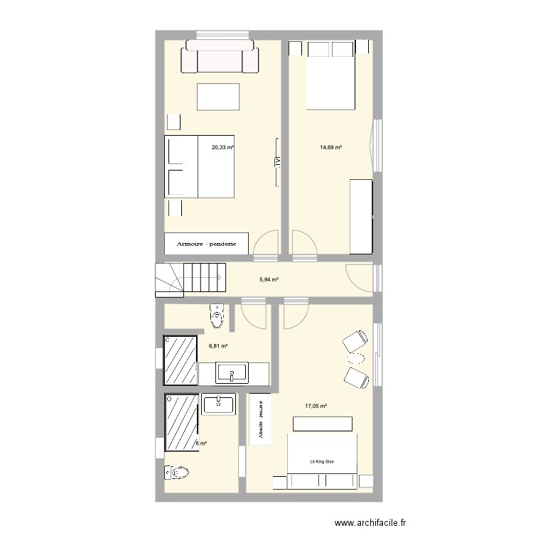 Chambres. Plan de 6 pièces et 71 m2