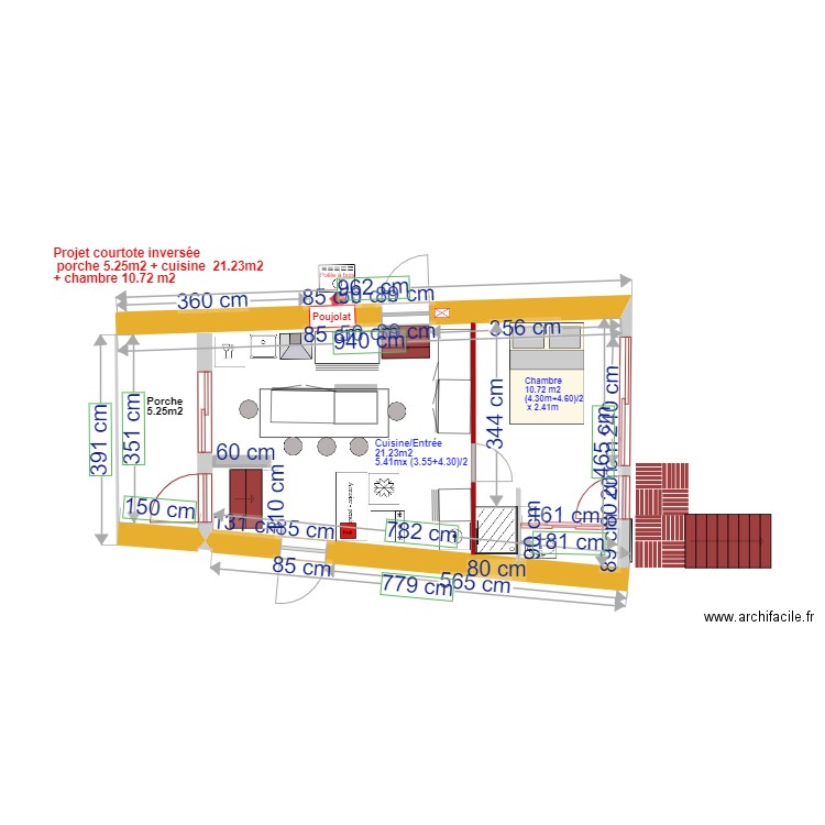 plan courtote après  travaux inversé  avec cuisine SYSTEME POUJOLAT  + chambre sdb petite. Plan de 0 pièce et 0 m2