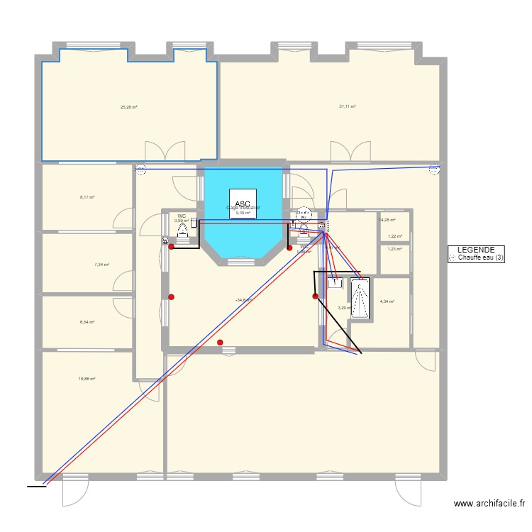 276 PRADO 1er étage - plomberie. Plan de 16 pièces et 157 m2