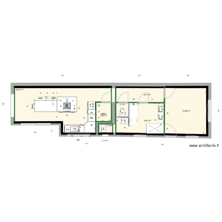 Cuisine. Plan de 7 pièces et 56 m2