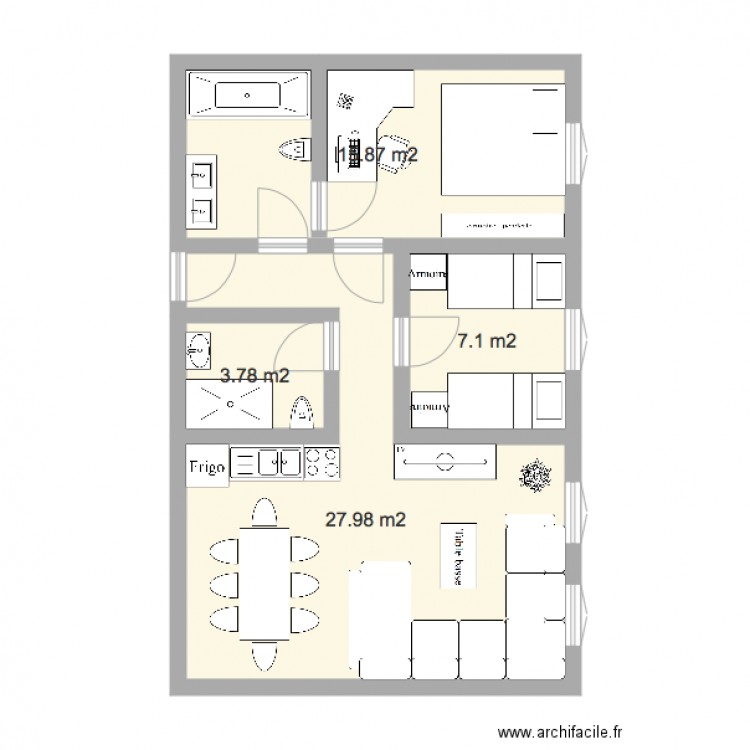 Chambre double 60m2. Plan de 0 pièce et 0 m2