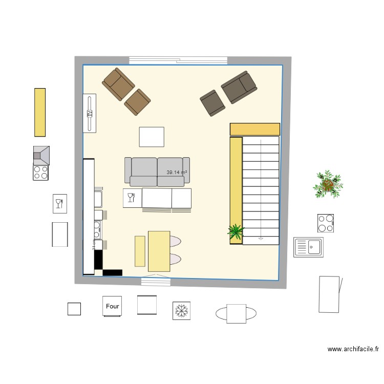 Grrr cuisine 2023 - 08 four inchangé ilot central. Plan de 1 pièce et 39 m2