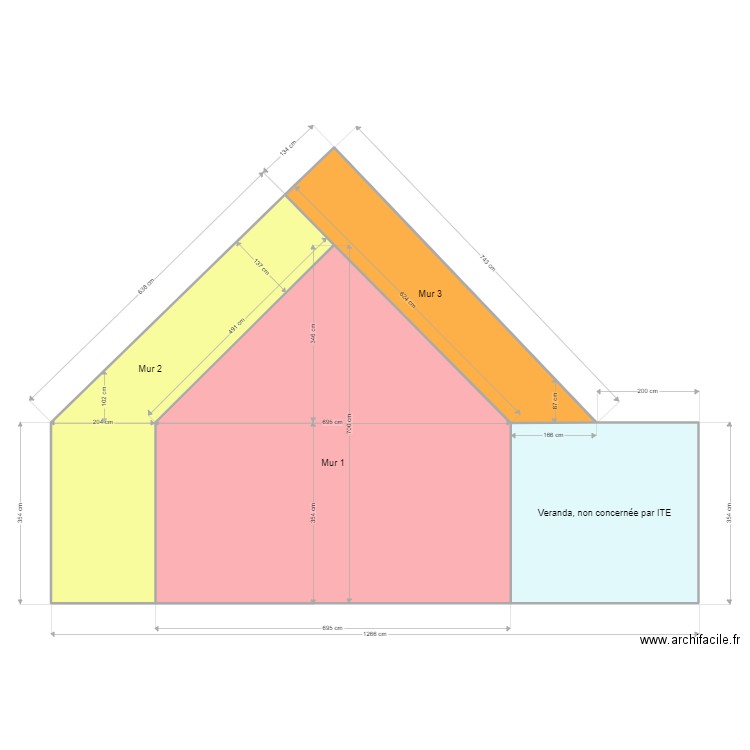 Façade N-E. Plan de 4 pièces et 73 m2