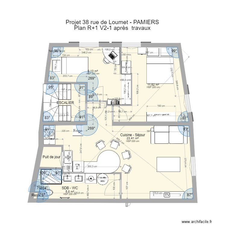 PAMIERS3 R1 V2-1 après travaux. Plan de 7 pièces et 55 m2