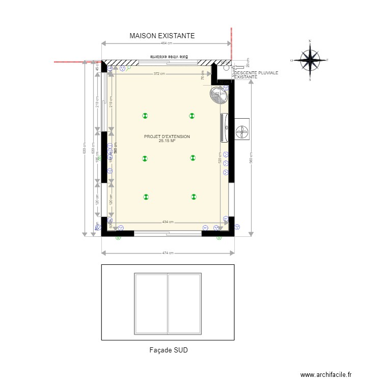 Vue en plan extension salon et façade SUD. Plan de 0 pièce et 0 m2