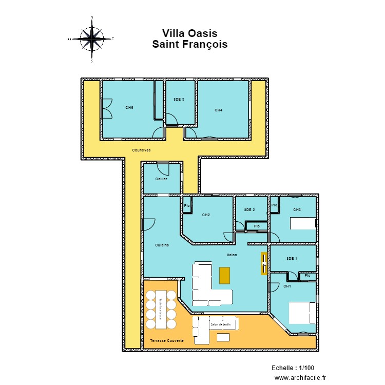 Maison Guadeloupe Mise en place meubles. Plan de 17 pièces et 225 m2