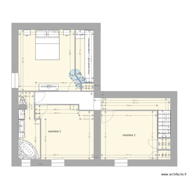 projet 2 salle de bain et dressing. Plan de 8 pièces et 56 m2
