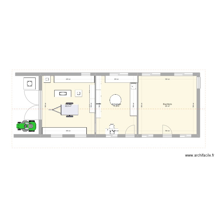 Oficina de armazenamento. Plan de 3 pièces et 65 m2