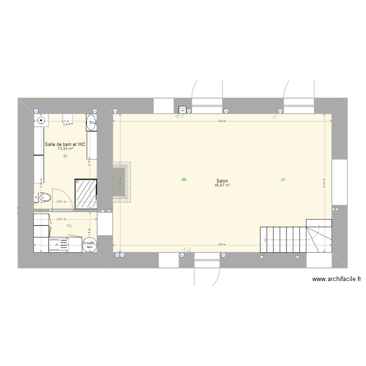 Salon, Cuisine et Salle de Bain (Bérénice et Enzo). Plan de 2 pièces et 60 m2